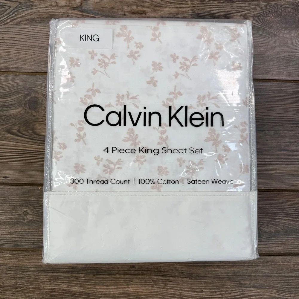 Calvin Klein King 4pc Sheet Set White Pink Shaded Foliage Cotton Sateen NEW